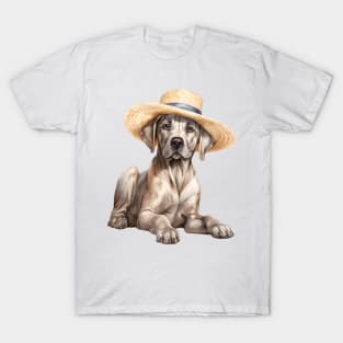 Watercolor Great Dane Dog in Straw Hat T-Shirt